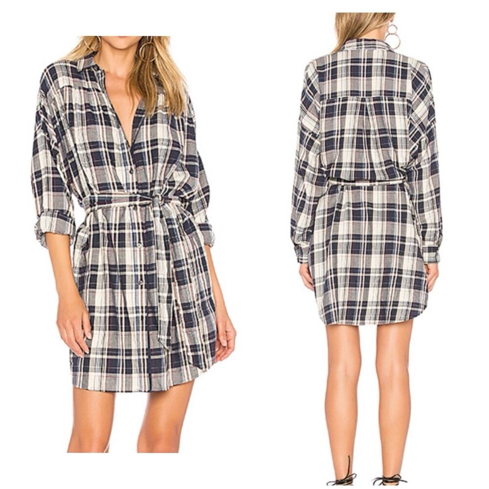 ATM Plaid Shirt Dress Tie Waist XS Button Front Blue White Preppy Casual Relaxed